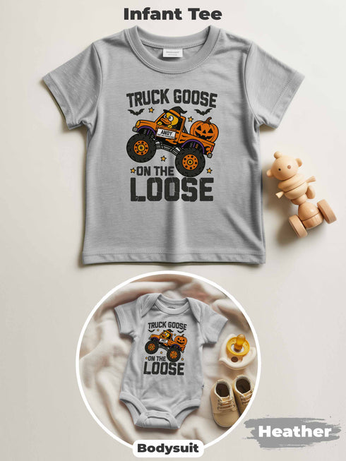 Personalized Baby “Truck Goose On The Loose” Halloween Outfit – Custom Bodysuit & Infant Tee